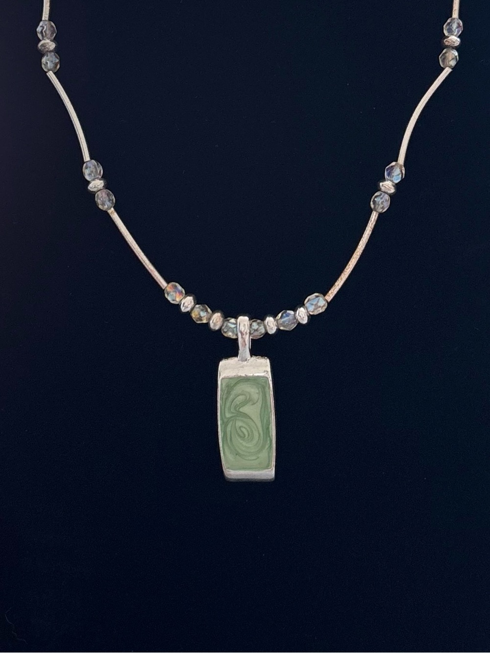 Vintage Kenneth Cole Silver Necklace with Green Rectangular Swirl Pendant
